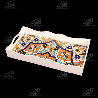 سینی و دیس چوبی‏ مستطیل‏ کاشی کاری‏ سایز ‏40‏cm‏ رنگ ‏سفید‏ طرح ‏اسلیمی‏ 