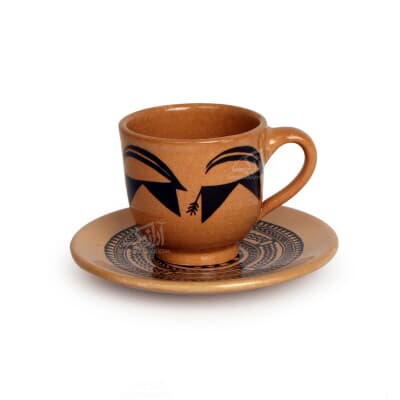 فنجان و نعلبکی سفالی‏ نقاشی زیر لعابی‏ قهوه ای روشن‏ طرح ‏بز‏ 